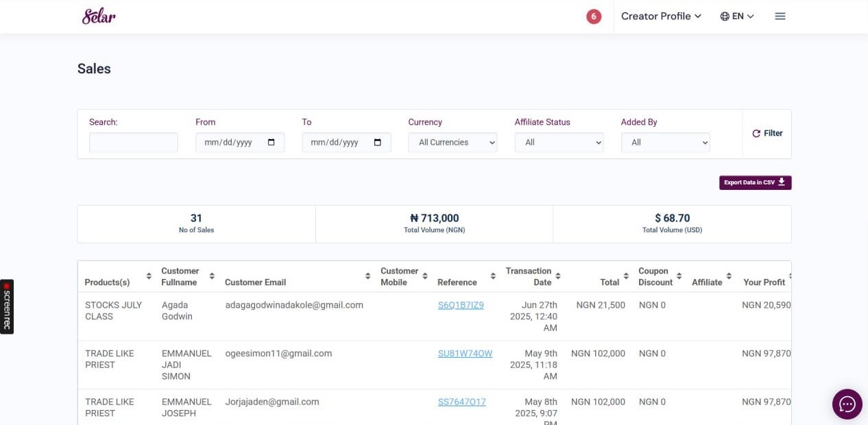 Enejo Jude's student sales dashboard showing ₦712,000 in sales